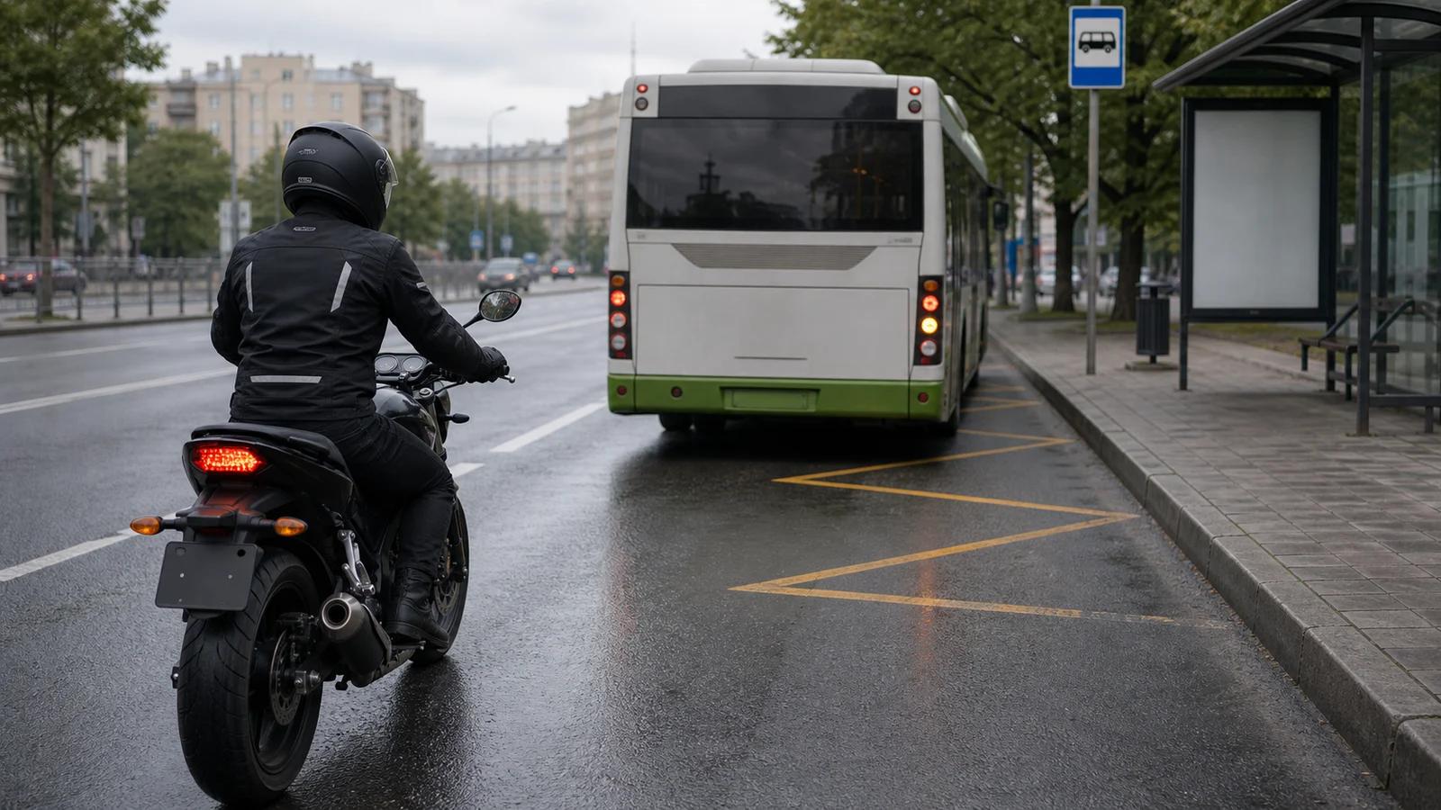 Райдер спокойно ожидает позади автобуса у остановки вместо зажатого проезда сбоку
