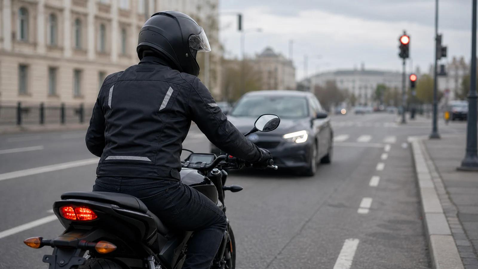 Райдер спокойно стоит в полосе, пока автомобиль позади ждет на безопасной дистанции